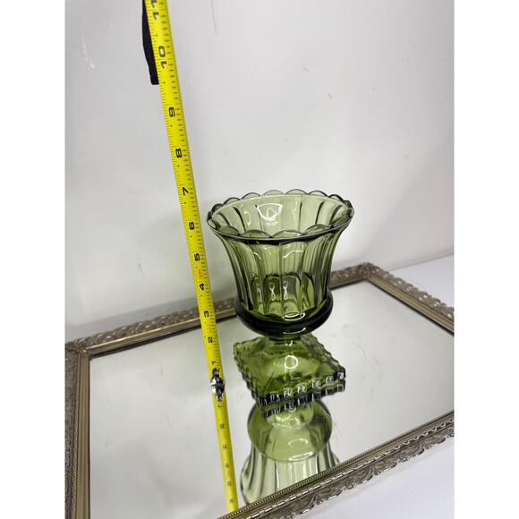 Vintage Indiana Glass, Avocado Green, Small Footed Vase, Scalloped Rim - Picture 6 of 10